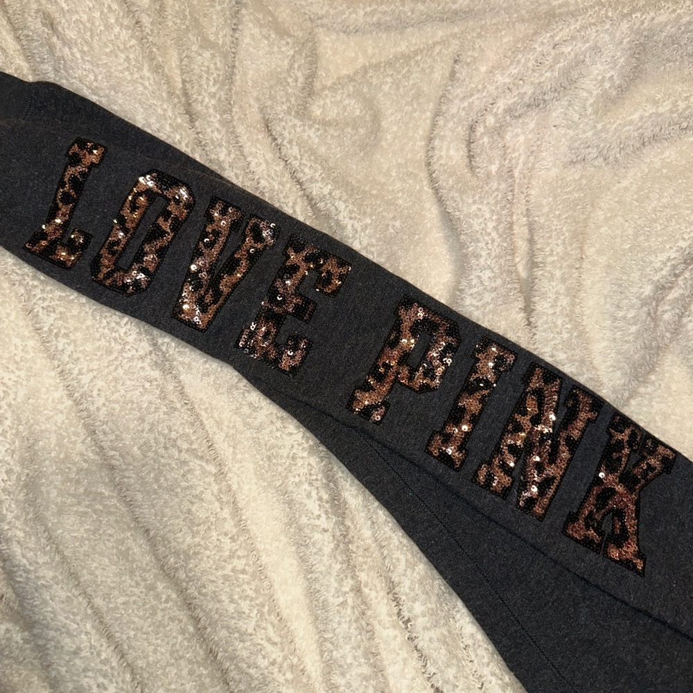 RARE PINK Victoria's Secret Dark Gray leggings with Leopard Print Sequined Logo